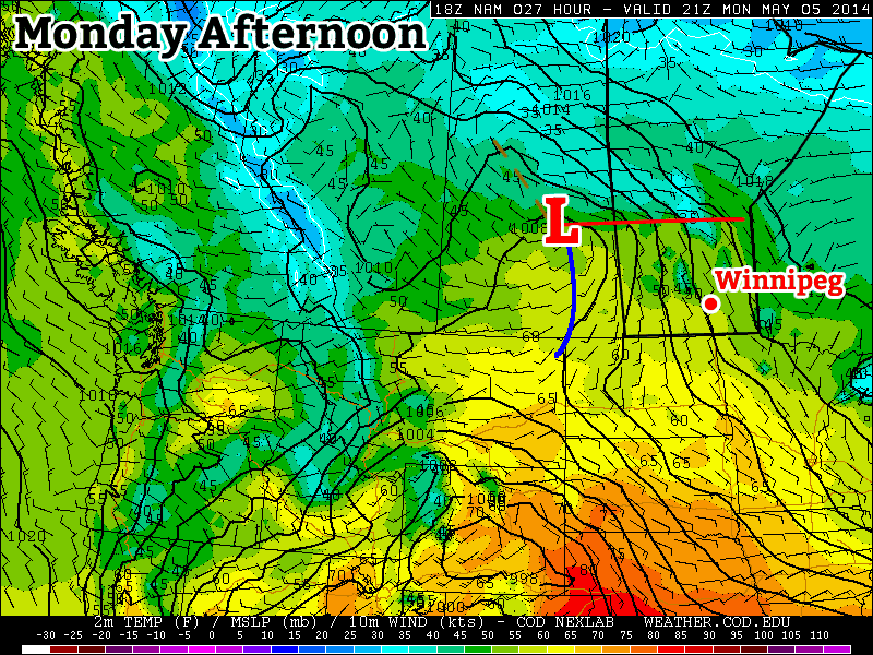 The forecast surface weather pattern on Monday afternoon