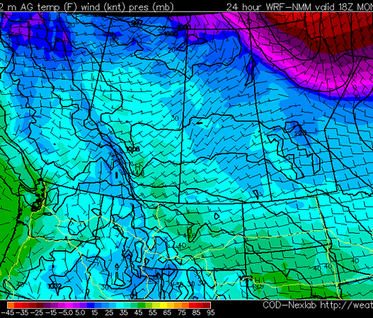 WRF Model Model Temperature Output for Monday, Jan. 9 at 12pm