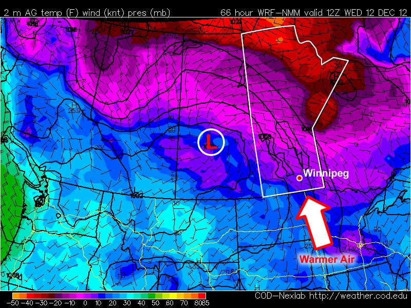 Warmer air will be advected into Southern Manitoba on Tuesday night
